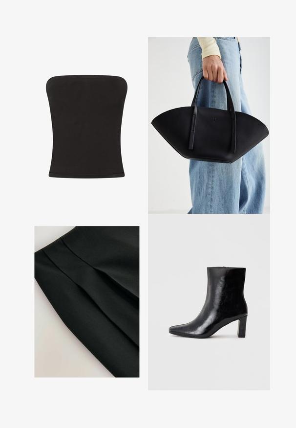 Schwarzes trägerloses Oberteil aus glattem Stoff, das eine taillierte Silhouette mit geradem Ausschnitt und ohne zusätzliche Verzierungen aufweist.; Schwarzer Rock mit Falten, aus einem glatten Stoff hergestellt. Verfügt über ein klares Design und eine strukturierte Oberfläche, die die Form und Struktur betont.; Schwarze Knöchelstiefel aus glänzendem Leder mit spitzem Zustand und mittelhohem Blockabsatz, mit glatter Textur und einfachem Design.; Schwarze Lederhandtasche mit einzigartiger Fächerform, ausgestattet mit flachen Griffen. Die Oberfläche hat eine genoppte Textur und ein minimalistisches Design.