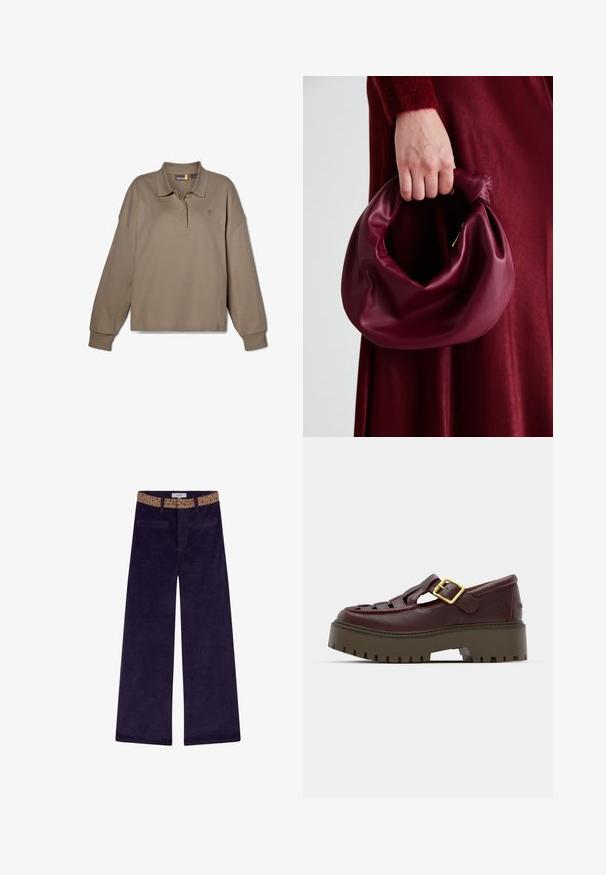 Polo a maniche lunghe di colore tan in misto cotone, con colletto classico, due bottoni e un logo discreto sul petto. Vestibilità comoda e polsini a coste.; Pantaloni in corduroy a gamba larga di un profondo viola con una cintura decorata, dotati di tasche frontali e dettagli di cucitura arancioni.; Scarpe in pelle bordeaux con design aperto, suola piattaforma robusta, dettaglio della fibbia dorata e suola testurizzata per una migliore aderenza.; Borsa in pelle bordeaux con un design morbido e arricciato e una forma arrotondata. Il manico è fissato, mostrando una texture liscia.