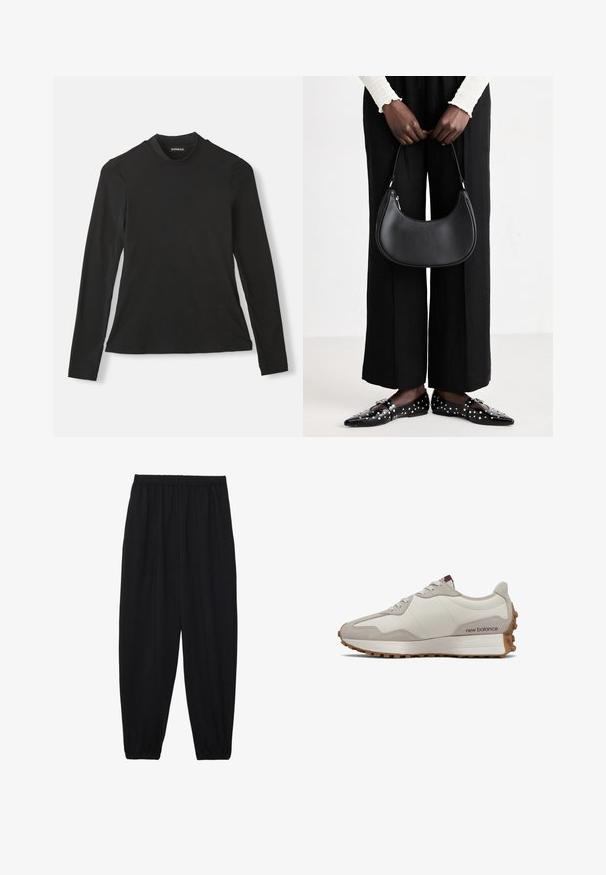 Svart langermet t-skjorte laget av myk bomull. Har høy hals og tettsittende design, med en jevn tekstur og ingen synlige mønstre.; Svarte, lette bukser med elastisk liv og rynkede ankler. Stoffet er glatt og har en avslappet, innsvingt design.; Lavprofilert beige og krem New Balance sneaker med gummisåle og snøring, vist fra ytre sideprofil på hvit bakgrunn.; Svart skinn skulderveske med en avrundet form, glanset overflate og sølvfargede detaljer. Person iført sorte vide bukser og naglede loafers.