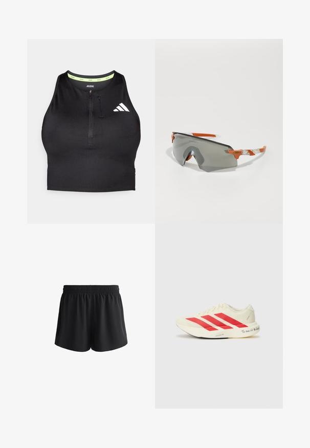Crop top sport negru cu fermoar în față, fabricat dintr-un material neted. Are un guler interior verde și un logo alb pe lateral.; Bermude atletice negre cu talie elastică, dintr-un material moale și cu o croială lejeră, având buzunare laterale și margini netede.; Pantofi de alergare cu partea superioară crem, dungi diagonale roșii, o textură netedă și o inscripție notabilă pe talpa exterioară: "A alerga înseamnă a trăi!"; Ochelari de soare sport cu lentile gri, accente portocalii și brațe albe cu model. Concepuți pentru performanță, cu o formă învăluită.
