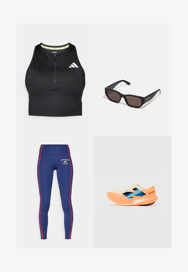 Czarny sportowy top krótki z zamkiem z przodu, wykonany z gładkiego materiału. Posiada zieloną wewnętrzną linię dekoltu oraz białe logo po boku.; Granatowe legginsy z elastycznego materiału, z czerwonymi paskami po bokach i logo Adidas, z wysokim stanem dla większego komfortu.; Buty biegowe z lekką kremową cholewką, niebieskim logo i pomarańczowymi akcentami na podeszwie. Siatkowa tekstura dla lepszej wentylacji.; Czarne prostokątne okulary przeciwsłoneczne z ciemnymi soczewkami. Posiadają gładki plastikowy szkielet i detal z logo na zauszniku. Czysty, nowoczesny design.