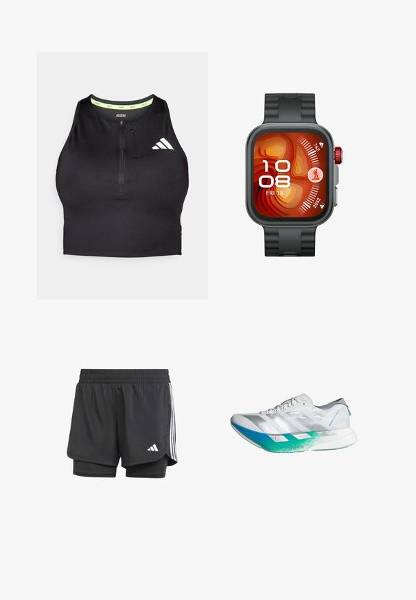 Schwarzes sportliches Crop-Top mit einem Reißverschluss an der Vorderseite, aus glattem Material gefertigt. Verfügt über einen grünen Innenkragen und ein weißes Logo an der Seite.; Schwarze Sportshorts mit innerer Schicht, elastischem Bund und drei weißen Streifen an den Seiten, mit einem kleinen weißen Logo. Glatte Textur.; Weißer Laufschuh mit silbernen Akzenten, Sohle in Blau-Grün-Verlauf, strukturiertem Obermaterial und drei diagonalen Streifen an der Seite.; Smartwatch mit quadratischem Zifferblatt, schwarzem Silikonarmband, orange-rotem Display, digitaler Zeit- und Datumsanzeige, Aktivitätssymbolen und rotem Seitenschalter.