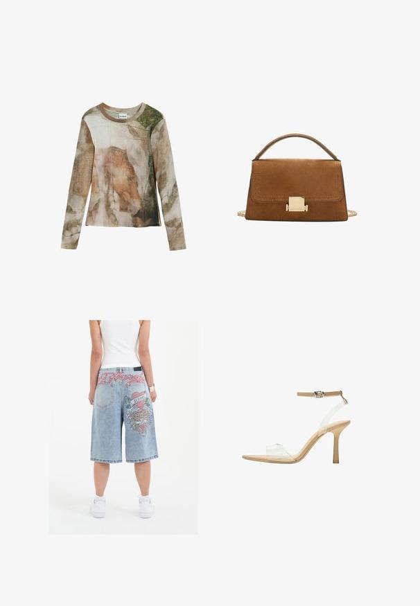 Lekki, długi rękaw, z nadrukiem abstrakcyjnym inspirowanym naturą w ziemistych odcieniach brązu i zieleni. Okrągły dekolt i miękka faktura.; Jasnoniebieskie denimowe szorty o luźnym kroju, z kolorowymi haftowanymi grafikami tygrysa i tekstem z tyłu, zakończone podwiniętymi nogawkami.; Przezroczysta sandał z obcasem, z przezroczystą cholewką, beżową wkładką i smukłym paskiem w okolicy kostki. Posiada spiczasty czubek i cienki wysoki obcas.; Brązowa torebka z zamszu z złotym kwadratowym zapięciem, górnym uchwytem i łańcuszkowym paskiem. Charakteryzuje się prostokątnym kształtem i zaokrąglonymi krawędziami.