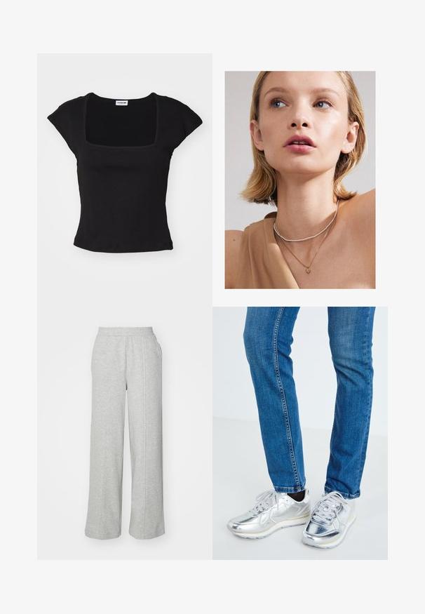Black short-sleeve top with a square neck, made of soft fabric. Features a fitted design and smooth texture. No visible patterns or accents.; Gray sweatpants made of soft fabric, featuring a wide-leg design, elastic waistband, and side pockets. Simple and casual appearance.; Silver metallic sneakers with a smooth texture, round toe, and white rubber sole, paired with fitted blue jeans with faint stitching.; Gold heart pendant necklace layered with a delicate silver beaded choker, worn with a beige top. Skin is smooth and lightly illuminated.