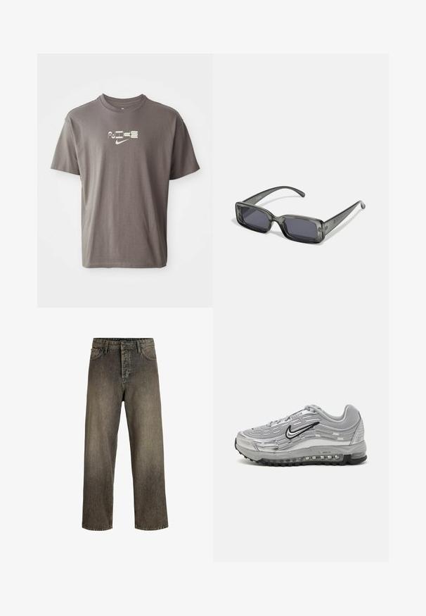 T-shirt castanho de mangas curtas com um logo "Nike" de cor clara impresso na frente, apresentando um corte casual e descontraído.; Jeans de perna larga em cinza escuro com um acabamento desgastado, design de cinco bolsos, fecho de botão e passantes para cinto. Feitos de um tecido de denim durável.; Sapatilhas Nike Air Max cinzas com um upper em malha e sintético, design em forma de onda, acentos em preto e uma unidade de amortecimento de ar visível.; Óculos de sol retangulares com uma armação cinza escura translúcida, lentes escuras e hastes finas. Detalhe de logo em destaque na armação.
