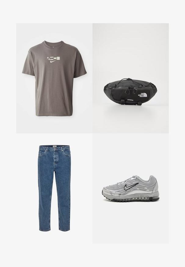 T-shirt à manches courtes marron avec un logo "Nike" de couleur claire imprimé sur le devant, présentant une coupe décontractée et confortable.; Jeans en denim bleu à coupe droite. Présente cinq poches, une fermeture à bouton et des coutures contrastées. Le tissu a une texture classique.; Baskets Nike Air Max grises avec un dessus en mesh et synthétique, un design en forme de vagues, des accents noirs et une unité de coussin d'air visible.; The North Face TERRA LUMBAR 3L UNISEX - Sac banane - asphalt grey/black