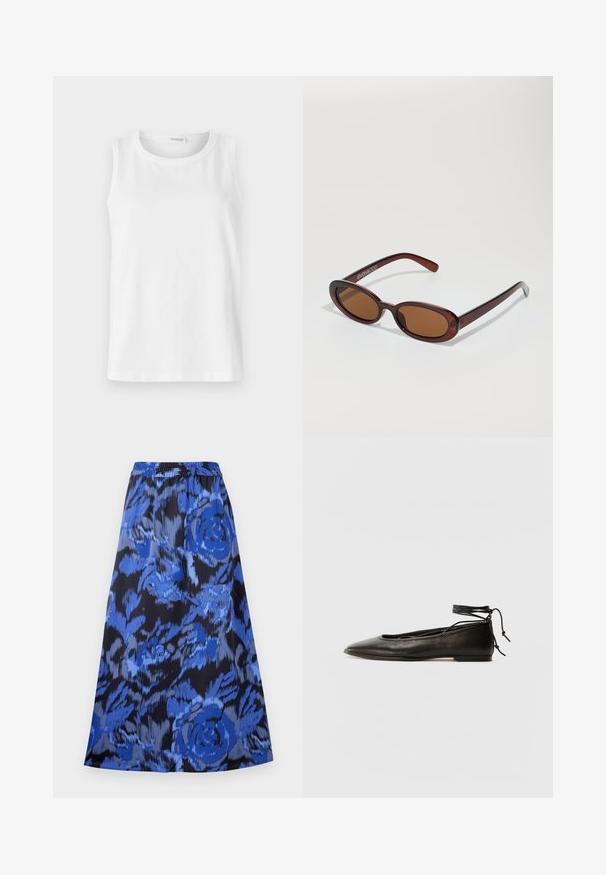 Vit ärmlös topp i mjuk bomull. Har rund halsringning och rak skärning. Enfärgad design utan synliga mönster eller detaljer.; Utställd kjol i en blå blommönster på en svart bakgrund. Elastisk midja, lättviktsmaterial och knälång design.; Svarta läderballetskor med spetsig tå, ankelsnöre och platt sula, med en slät yta och minimalistisk design.; Runda, bruntonade solglasögon med en glansig bordeauxfärgad ram. Smala bågar med subtilt varumärkesdetalj. Platt linsdesign.