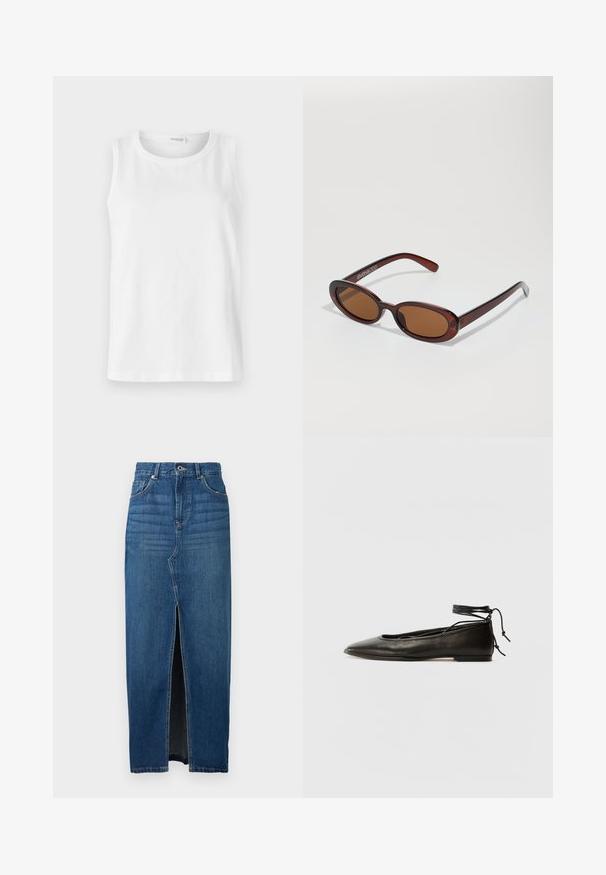 Bela brezrokavna majica izdelana iz mehke bombažne tkanine. Ima okrogel izrez in raven kroj. Enostaven dizajn brez vidnih vzorcev ali dodatkov.; Denim krilo v temno modri barvi z odpiranjem spredaj, visokim pasom in petimi žepi. Narejeno iz trpežnega denim materiala z vidnimi šivi.; Črne usnjene baletne čevlje s koničastim nosom, vezi okrog gležnja in ravnim podplatom, ki se ponašajo z gladko teksturo in minimalističnim dizajnom.; Okrogle, rjavo obarvane sončne naočare z sijočim burgundskim okvirjem. Tanek nosilec s subtilnim logotipom. Oblika leč je ravna.