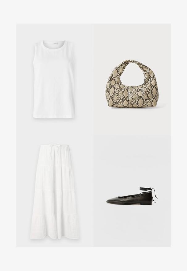 Bílý bezrukávový top vyrobený z měkké bavlny. Obsahuje kulatý výstřih a rovný střih. Jednoduchý design bez viditelných vzorů nebo akcentů.; Bílá dlouhá sukně z texturované látky, s horizontálními pruhy a nastavitelným páskem v pase pro lepší přizpůsobení. Hladký, splývavý design.; Černé kožené baletky s špičatou špičkou, vázáním na kotníku a plochou podrážkou, s hladkým povrchem a minimalistickým designem.; Kabelka s hadím vzorem a zakřiveným držadlem. Vyrobena z texturovaných béžových a hnědých materiálů, s charakteristickým diamantovým vzorem.