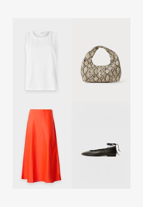 Fehér ujjatlan felső, puha pamutból készült. Kerek nyakkivágással és egyenes szabással rendelkezik. Egyszínű dizájn, látható minták vagy díszítések nélkül.; Piros selyem midi szoknya sima textúrával, A vonalú sziluettel és finom lágyítással az alján. Nincs látható minta vagy díszítés.; Fekete bőr balettcipők hegyes orral, bokakötővel és lapos talppal, sima textúrával és minimalista dizájnnal.; Kígyómintás kézitáska ívelt fogantyúval. Texturált, bézs és barna anyagból készült, jellegzetes gyémántmintával.