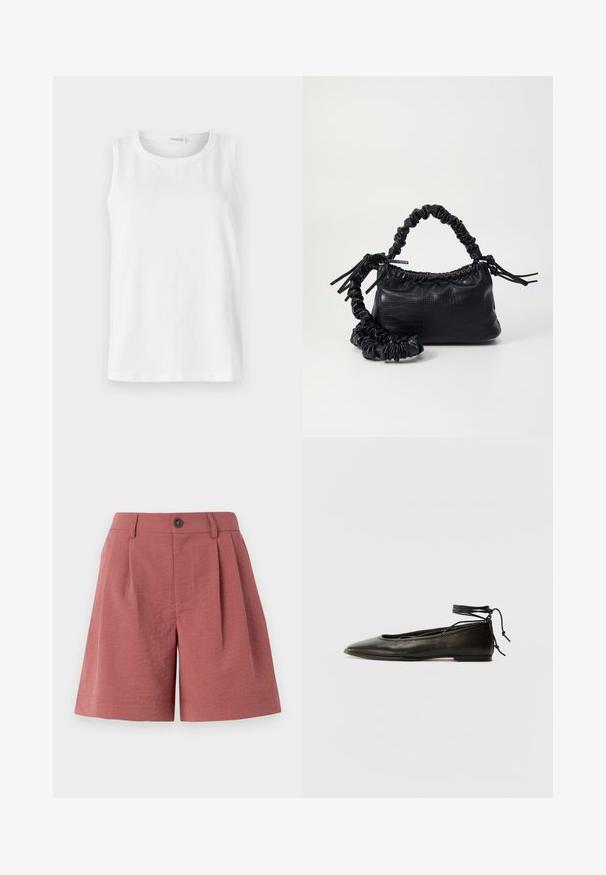 White sleeveless top made of soft cotton. Features a round neckline and straight cut. Plain design with no visible patterns or accents.; Red textured shorts with a button closure, pleats at the front, and a straight cut, designed for casual wear.; Black leather ballet flats with a pointed toe, ankle tie, and flat sole, featuring a smooth texture and minimalistic design.; Black faux leather handbag with a crocodile texture, cinched top, and a scrunched strap. Appears soft and compact in design.