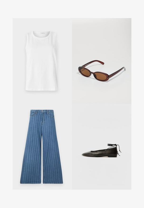 Hvit ermeless topp laget av myk bomull. Har rund halsringning og rett snitt. Enkelt design uten synlige mønstre eller detaljer.; Bredde bukser i middels blå denim med vertikale striper, med knappelukking, fem lommer, og sømdetaljer langs sømmene.; Svarte lær balletflater med spiss tå, ankelbånd og flat såle, som har en glatt tekstur og minimalistisk design.; Runde, brune solbriller med en blank burgunderfarvet ramme. Slanke arme med subtile brandingdetaljer. Flad linse design.