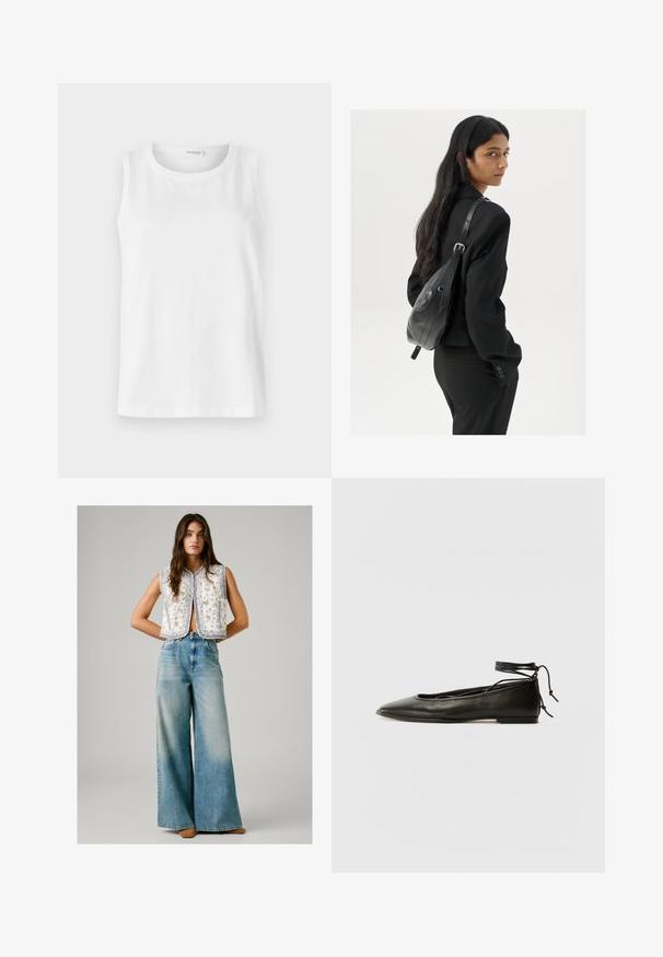Top alb fără mâneci, realizat din bumbac moale. Are un decolteu rotund și o tăietură dreaptă. Design simplu, fără modele sau accente vizibile.; Femeie îmbrăcată cu un vestă albă fără mâneci, cu un model floral, asociată cu blugi evazați de culoare albastră deschisă, cu talie înaltă, și pantofi maro, stând cu mâinile încrucișate la spate.; Balerini din piele neagră, cu vârf ascuțit, șnur pentru glezna și talpă plată, având o textură netedă și un design minimalist.; Femeie cu păr lung și închis la culoare, îmbrăcată într-un costum negru, purtând o geantă de umăr din piele neagră, privind peste umăr, pe un fundal alb.