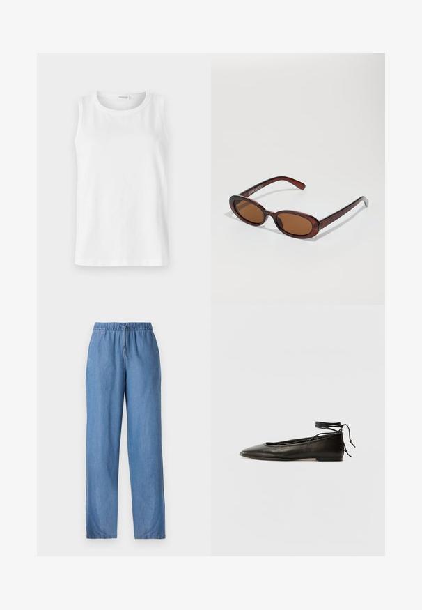 Balta be rankovių palaidinė pagaminta iš minkštos medvilnės. Turi apvalų iškirpimą ir tiesų kirpimą. Paprastas dizainas, be matomų raštų ar akcentų.; Šviesiai mėlyni tiesūs džinsiniai šortai su elastinga juosmeniu ir raišteliu. Nėra matomų raštų ar akcentų.; Juodi odiniai balerinų bateliai su smailiu pirštu, kulkšnies raiščiu ir plokščiu padu, pasižymintys lygiu paviršiumi ir minimalizmo dizainu.; APvalūs, rudos spalvos saulės akiniai su blizgia burgundinės spalvos rėmeliu. Plonos šakutės su subtiliu ženklinimu. Lygus objektyvo dizainas.