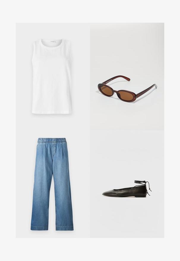 Hvit ermeless topp laget av myk bomull. Har rund halsringning og rett snitt. Enkelt design uten synlige mønstre eller detaljer.; Lyseblå dongeribukser med elastisk midje, vide ben og subtil tekstur. Uten synlige lommer eller dekorasjoner.; Svarte lær balletflater med spiss tå, ankelbånd og flat såle, som har en glatt tekstur og minimalistisk design.; Runde, brune solbriller med en blank burgunderfarvet ramme. Slanke arme med subtile brandingdetaljer. Flad linse design.