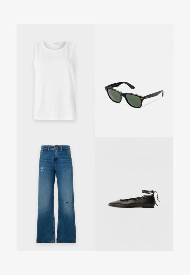 Valge ilma varrukateta topp, mis on valmistatud pehmest puuvillast. Omab ümmargust kaelust ja sirget lõiget. Ühevärviline disain, ilma nähtavate mustrite või aktsentideta.; Sinine teksakangast laiade jalgadega teksad, millel on tuhm tekstuur, esiosas kaks kulumiskohaga, nööp kinnitamine ja viie tasku disain.; Must mustast balletijalatsid, millel on terav nina, pahkluu seotud ja lame tall, sujuva tekstuuri ning minimalistlik disain.; Mustad mustan plastiku prillid roheliste läätsedega, ruudukujulised raamid, hõbedane aksent kulmude peal ja tekstuuriga tempelkäed. Brändi nimi on märgitud sisevarrele.