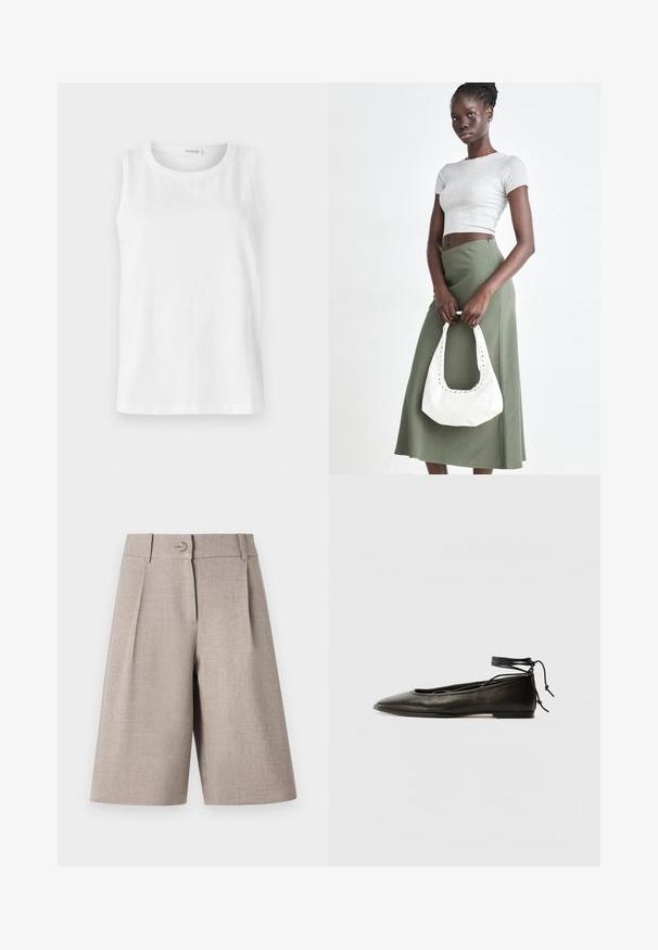 Bela brezrokavna majica izdelana iz mehke bombažne tkanine. Ima okrogel izrez in raven kroj. Enostaven dizajn brez vidnih vzorcev ali dodatkov.; Beige prirejeni šorti s pregibi, ki imajo zapiranje na gumb in gladko teksturo, zasnovani za strukturirano, sodobno silhueto.; Črne usnjene baletne čevlje s koničastim nosom, vezi okrog gležnja in ravnim podplatom, ki se ponašajo z gladko teksturo in minimalističnim dizajnom.; Sivina rebrasta kratka majica in olivno zelena krila z visokim pasom. Model drži belo torbico za na rame s izrezljanjem. Preprost dizajn, oprijet silhueta.