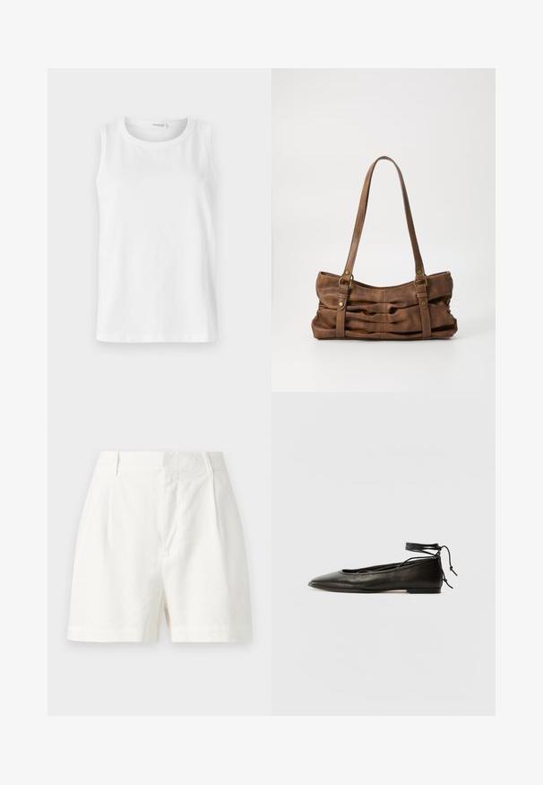 Hvid udenærmet top lavet af blød bomuld. Har en rund halsudskæring og lige snit. Enkelt design uden synlige mønstre eller detaljer.; Hvide linned-shorts med en skræddersyet pasform, frontlæmper og en glat tekstur. Designet inkluderer en mid-rise talje og sidelommer.; Sorte læder ballerinaer med spids tå, ankelbinding og flad sål, der har en glat tekstur og minimalistisk design.; Even&Odd Håndtasker - brown