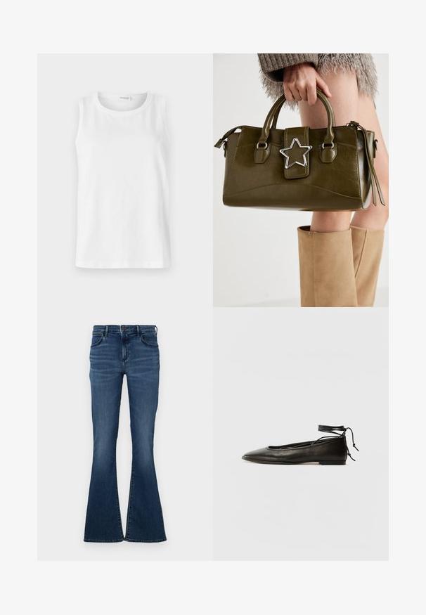 Top bianco senza maniche realizzato in morbido cotone. Presenta un collo rotondo e una linea dritta. Design semplice senza motivi o accenti visibili.; Jeans svasati blu scuro con cinque tasche, realizzati in denim, con una vita dotata di chiusura a bottone e leggere sfumature sul frontale.; Ballerine in pelle nera con punta affusolata, laccio alla caviglia e suola piatta, caratterizzate da una texture liscia e un design minimalista.; Borsa a mano in similpelle verde oliva con accentatura a stella argentata, manici doppi e chiusura con zip. Superficie testurizzata e forma strutturata.