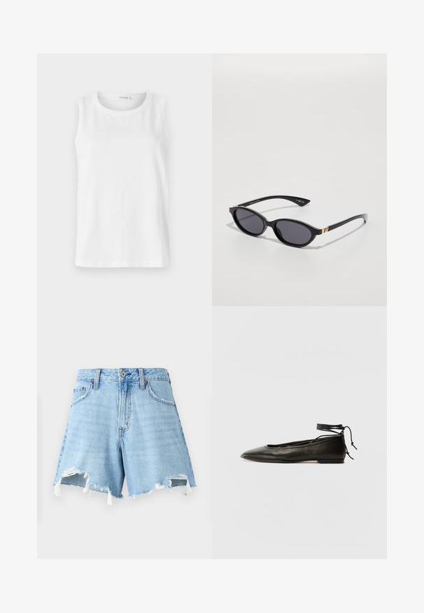 Balta be rankovių palaidinė pagaminta iš minkštos medvilnės. Turi apvalų iškirpimą ir tiesų kirpimą. Paprastas dizainas, be matomų raštų ar akcentų.; Šviesiai mėlyni džinsiniai šortai su aukštu liemeniu, nutrintais kraštais ir dviem priekinėmis kišenėmis. Nusidėvėjusi tekstūra su išblukimu ir neapdailintais kraštais.; Juodi odiniai balerinų bateliai su smailiu pirštu, kulkšnies raiščiu ir plokščiu padu, pasižymintys lygiu paviršiumi ir minimalizmo dizainu.; Juodos saulės akinius su ovaliais objektyvais, tamsiai gradientiniu tonu ir siaurais šonais, papuoštais subtiliais auksiniais akcentais. Lygus plastiko paviršius.