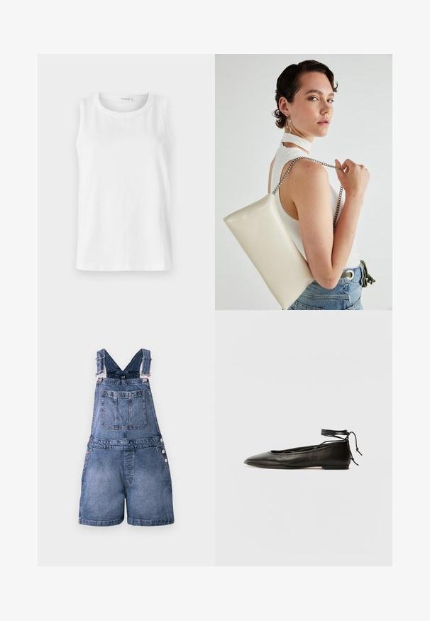 Hvit ermeless topp laget av myk bomull. Har rund halsringning og rett snitt. Enkelt design uten synlige mønstre eller detaljer.; Blå denimshorts overaller med justerbare stropper, front- og baklommer, samt trykknapper på sidene.; Svarte lær balletflater med spiss tå, ankelbånd og flat såle, som har en glatt tekstur og minimalistisk design.; Hvit rektangulær clutch-veske laget av blankt materiale, med en sølvkjede-stropp. Modellen poserer og viser vesken mot en ensfarget bakgrunn.