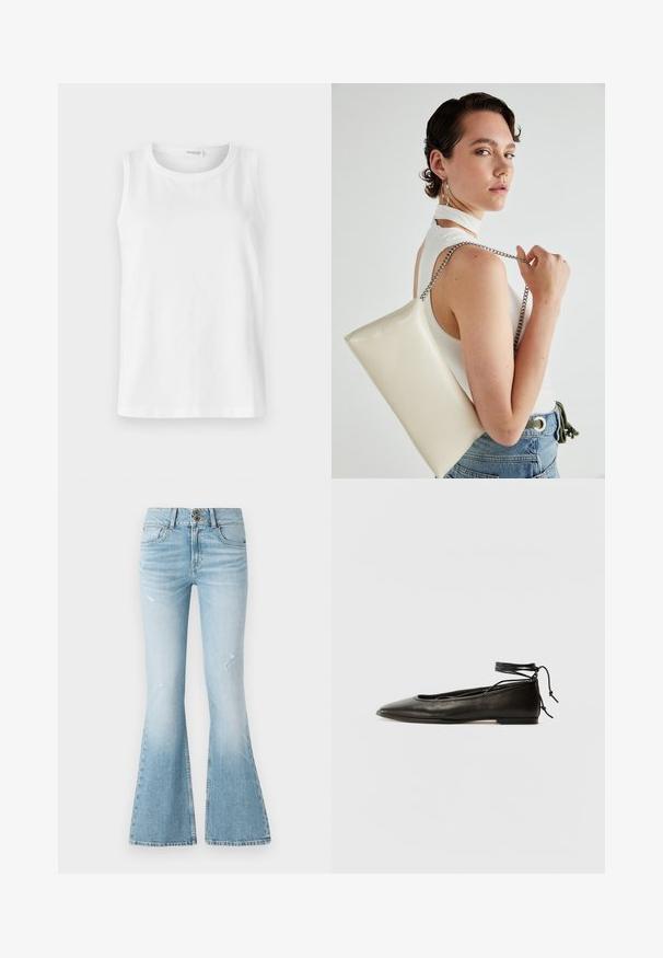 Bílý bezrukávový top vyrobený z měkké bavlny. Obsahuje kulatý výstřih a rovný střih. Jednoduchý design bez viditelných vzorů nebo akcentů.; Světle modré riflové zvonové džíny s vysokým pasem, které mají jemné opotřebení, dvoupolohové zapínání a klasický design se pěti kapsami.; Černé kožené baletky s špičatou špičkou, vázáním na kotníku a plochou podrážkou, s hladkým povrchem a minimalistickým designem.; Bílá obdélníková psaníčko vyrobené z lesklého materiálu, se stříbrným řetízkovým popruhem. Modelka pózuje a předvádí tašku na jednobarevném pozadí.