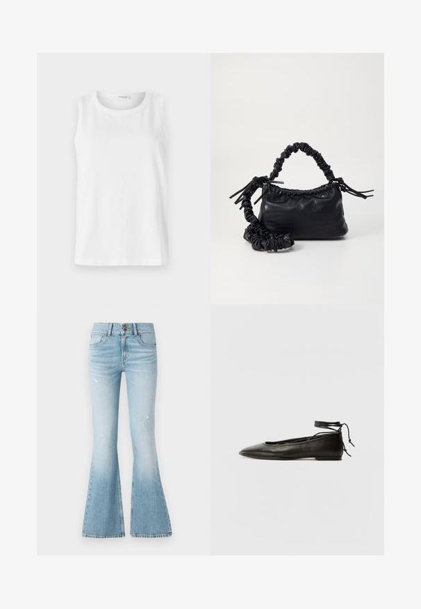Bílý bezrukávový top vyrobený z měkké bavlny. Obsahuje kulatý výstřih a rovný střih. Jednoduchý design bez viditelných vzorů nebo akcentů.; Světle modré riflové zvonové džíny s vysokým pasem, které mají jemné opotřebení, dvoupolohové zapínání a klasický design se pěti kapsami.; Černé kožené baletky s špičatou špičkou, vázáním na kotníku a plochou podrážkou, s hladkým povrchem a minimalistickým designem.; Černá kabelka z umělé kůže s krokodýlím vzorem, staženým vrškem a zmačkaným popruhem. Zdá se, že má měkký a kompaktní design.