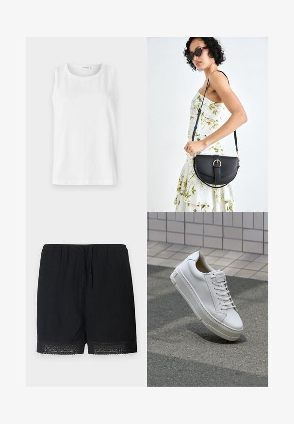 Haut sans manches blanc en coton doux. Présente un col rond et une coupe droite. Design uni sans motifs ni accents visibles.; Shorts noirs en tissu texturé avec une taille élastique et un lien, dotés d'une délicate bordure en dentelle au bas.; Baskets blanches en cuir avec un design bas, lacets plats, bout arrondi et côtés texturés. Semelle en caoutchouc épaisse avec des accents subtils.; Sac à main en cuir noir avec une forme courbée, bandoulière amovible et des accessoires en or. Le sac est doté d'un rabat avec un détail de boucle.