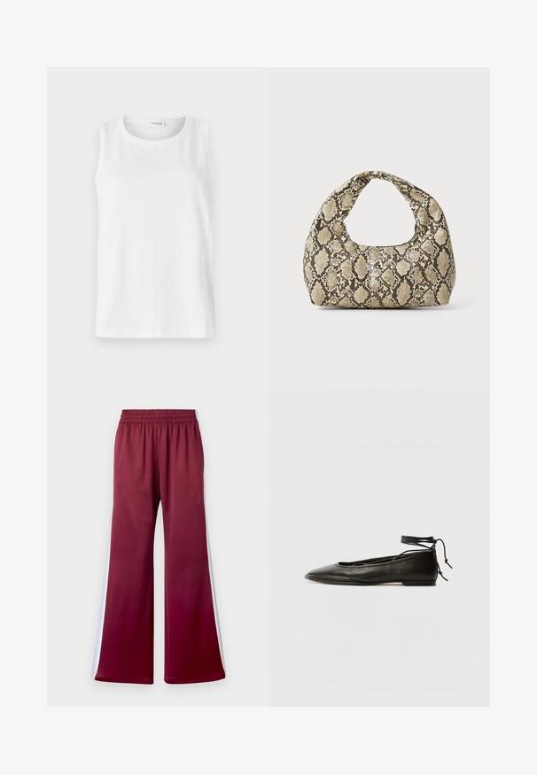 Bijela bezrukava majica napravljena od mekanog pamuka. Ima okrugli izrez i ravni kroj. Jednostavan dizajn bez vidljivih uzoraka ili akcenata.; Maroon hlače opuštenog kroja s elastičnim pojasom, s bijelim bočnim prugama i glatkom teksturom tkanine. Dizajn širokih nogavica.; Crne kožne baletanke s oštrim prstom, vezanjem oko članaka i ravnim potplatom, s glatkom teksturom i minimalističkim dizajnom.; Torba s uzorkom zmije s zakrivljenom drškom. Izrađena od teksturiranih materijala u bež i smešnim tonovima, sa karakterističnim dijamantnim uzorkom.