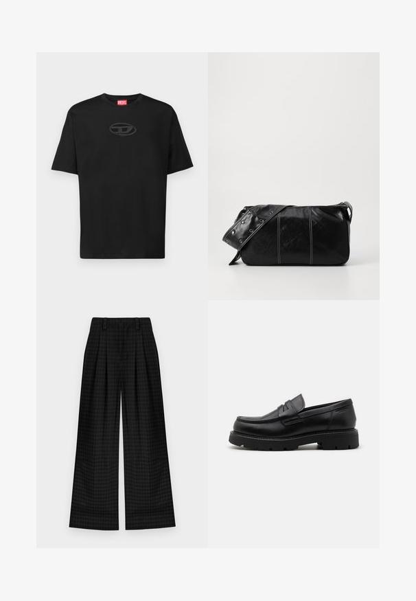 Black cotton t-shirt featuring a round neck, short sleeves, and a textured oval logo in a darker shade at the chest. Red brand label on neckline.; Black checkered wide-leg trousers with pleats, featuring a smooth texture and classic design. Lightweight fabric for comfort.; Black leather loafers with a rounded toe, textured accents on the front, and a chunky rubber sole with grooves for traction.; Black leather shoulder bag with a zip closure, featuring a textured body, white stitching, and a strap with silver grommets.