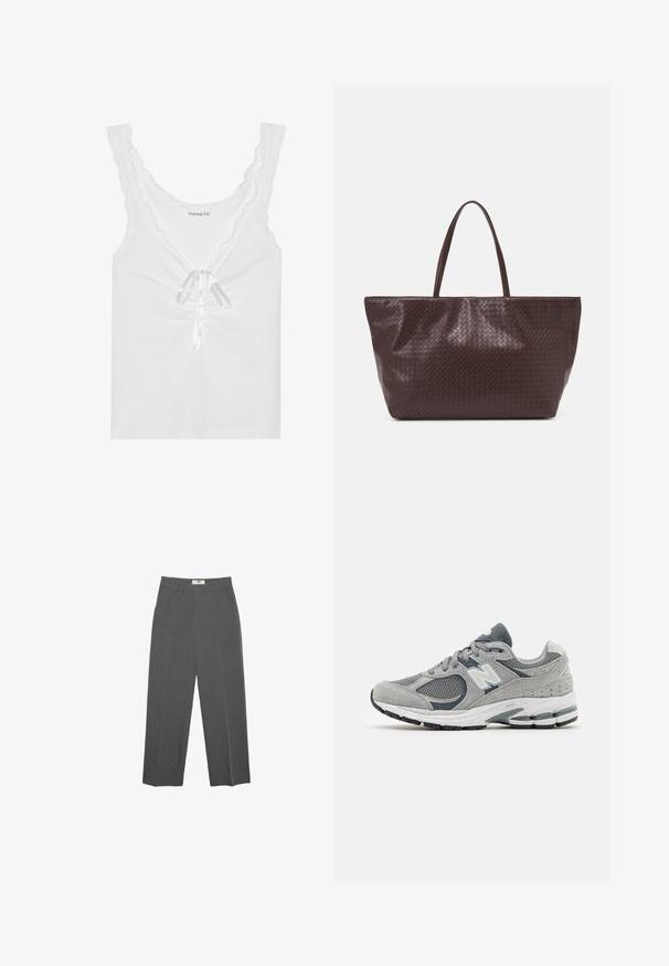 White sleeveless top with scalloped edges, a front tie with satin ribbon, and gathered detailing at the center. Made of soft fabric.; Gray straight-leg trousers made from textured fabric, featuring a mid-rise waist, belt loops, and side pockets. No visible patterns or accents.; Gray sneaker with mesh and suede materials, featuring a white logo, padded collar, and textured rubber sole. Accents in darker gray.; Brown woven leather tote bag with two handles, a structured shape, and a textured surface, featuring a diamond pattern throughout.; Silver rectangular watch with a metallic link bracelet, textured white face, and minimalist hour markers. Brand name "ROSEFIELD" displayed.; Brown satin cord necklace with red beads, featuring an irregular red stone and a dark bead, secured with gold-toned hardware and an adjustable clasp.