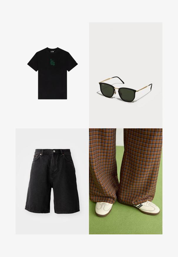 Black cotton t-shirt featuring a small green graphic "LA" logo on the chest. Short sleeves, crew neck, regular fit, and plain texture.; Black denim shorts with a loose fit, featuring copper hardware, five pockets, and a straight hem. Fabric has a soft, textured surface.; Brown and blue plaid wide-leg trousers paired with white shoes featuring black accents and textured soles, set against a green background.; Black cat-eye sunglasses with green lenses, gold metal accents, and slender black arms. Textured frame with a bold, geometric design.