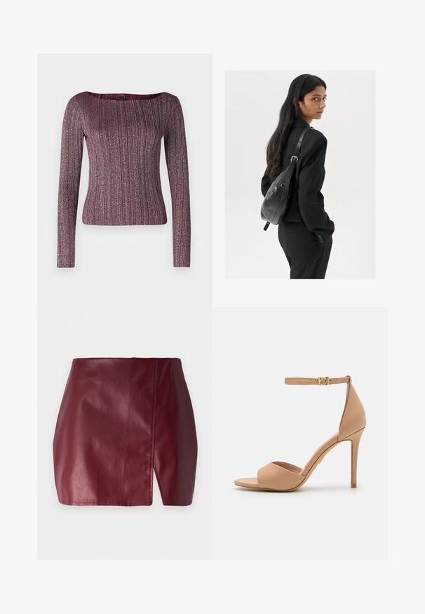 Top burgund cu mânecă lungă, cu textură canelată, având un decolteu larg, fabricat dintr-un material tricotat cu textură ce conține particule metalice.; fustă mini burgundy din piele netedă, cu o deschidere frontală, talie înaltă și un design elegant, ajustat. Fără elemente de metal vizibile sau modele.; ALDO CRERIDE PILLOW WALK - Sandale - beige; Femeie cu păr lung și închis la culoare, îmbrăcată într-un costum negru, purtând o geantă de umăr din piele neagră, privind peste umăr, pe un fundal alb.; Cercei cercuri din aur cu un finisaj neted și strălucitor. Design circular cu un mic suport și un spate transparent pentru o purtare sigură.