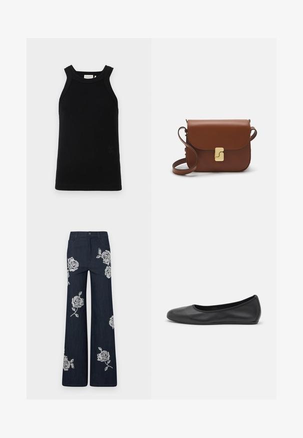 Melna ribota topa blūze ar platām plecu siksnām, kurai ir noapaļota dekoltē un neliela iegriezuma logotipa detaļa apakšā.; Tumši zili plati denimi bikses ar baltu izšūtu rozēm. Satur pogu aizdari un tradicionālo kabatu dizainu.; Melna ādas baleta kurpe ar noapaļotu purngalu, gludu tekstūru, minimālu šuvju detalizāciju un elastīgu zoles dizainu.; Bordo ādas rokas soma ar atloku, zeltītām detaļām, plecu siksnu un gludu virsmu. Kompakta, taisnstūrveida forma.