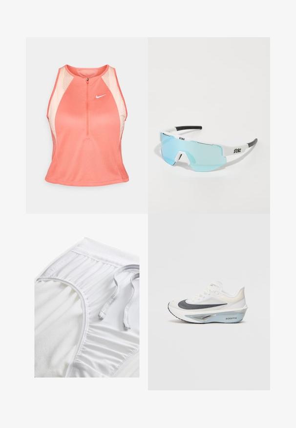 Lys korallfarget ermeløs treningstop med glidelås foran, meshpaneler og en hvit Nike-logo. Har en tettsittende design og strukturert stoff.; Hvite treningse shorts med strukturert midjebånd, samlede side detaljer og flat snøring. Myk stoff med glatt overflate.; Hvit løpesko med overdel i pustende mesh, blå detaljer og et distinkt mellomsåledesign med et synlig dempningssystem.; Sportssolbriller med hvit ramme og svarte detaljer, lyseblå reflekslinser, innfatning som omslutter, og fremtredende nesebro.