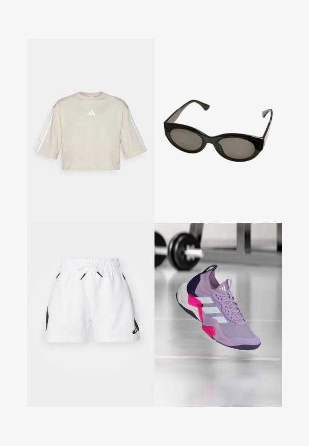 Kratka bež majica iz mehke bombažne tkanine. Ima okroglo izrez in oversize kratke rokave s tremi belimi črtami na obeh rokavih.; Beli športni kratki hlače z elastičnim pasom in vrvico. Imajo črne logotipne akcentne detajle ob straneh. Gladka tekstura, dolžina do kolen.; Vijolični športni čevelj z mrežasto zgornjim delom, belimi črtami, roza in črnimi akcenti, podloženim ovratnikom in teksturiranim podplatom, zasnovan za zmogljivost.; Črne sončna očala z sijočo površino, ovalnimi lečami in ostrimi okvirji. Oblika vključuje debele ročke in eleganten silhuet.