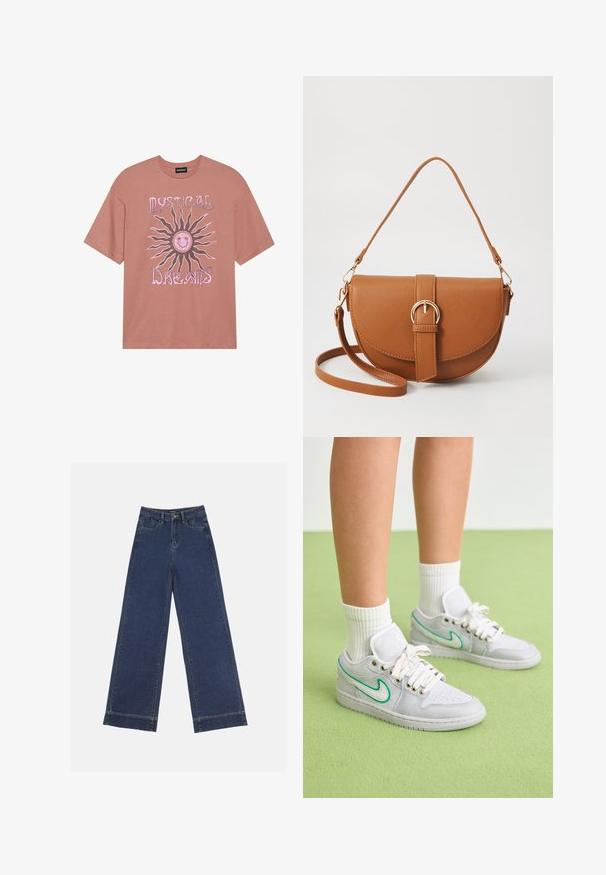 Roosa T-särk, mis on valmistatud puuvillast. Omab suurt graafikat päikesest naeratava näoga ja teksti "MÜSTILISED UNED" roosas.; Laiad püksid tumedast sinisest denimist. Omab viit taskut, vöölõke ja toore äärega allosas, kus on nähtavad õmblused.; Valged tennisetooted roheliste aktsentidega, kangast ülaosa, pehme krae ja valged paelad; kantud ribakujuliste valgete sokkidega rohelise tausta ees.; Pruun nahast õlakott, millel on kumer kuju, kullavärvi riistvara ja pandlaga kaunistus. Omab eemaldatavat õlarihma.