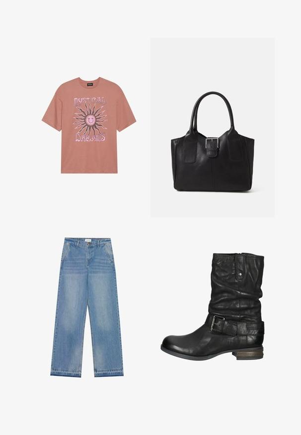 Rose-colored T-shirt made of cotton. Features a large graphic of a sun with a smiling face and the text "MYSTICAL DREAMS" in pink.; Light blue high-waist wide-leg jeans with a button closure, front pockets, belt loops, and subtle faded detailing.; Black leather ankle boot with a slouchy design, buckle detail on the strap, rounded toe, and a low stacked heel.; Black leather tote bag with smooth texture, structured shape, two handles, and a prominent silver buckle detail on the front.