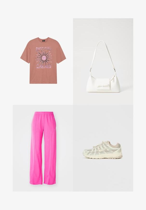 T-shirt cor-de-rosa feito de algodão. Apresenta um grande gráfico de um sol com um rosto sorridente e o texto "SONHOS MISTICOS" em rosa.; Calças de moletão cor-de-rosa, largas e leves, com um cós elástico e costuras laterais. Apresenta um pequeno logótipo perto da parte superior da coxa esquerda.; Shoe desportivo de tom bege claro com painéis de malha e uma sola almofadada. Apresenta um fecho com atacadores, bico arredondado e detalhes dourados ao lado.; Mala sintética branca com formato triangular, aba frontal plana e detalhe de laço, alça ajustável, textura suave e design minimalista.