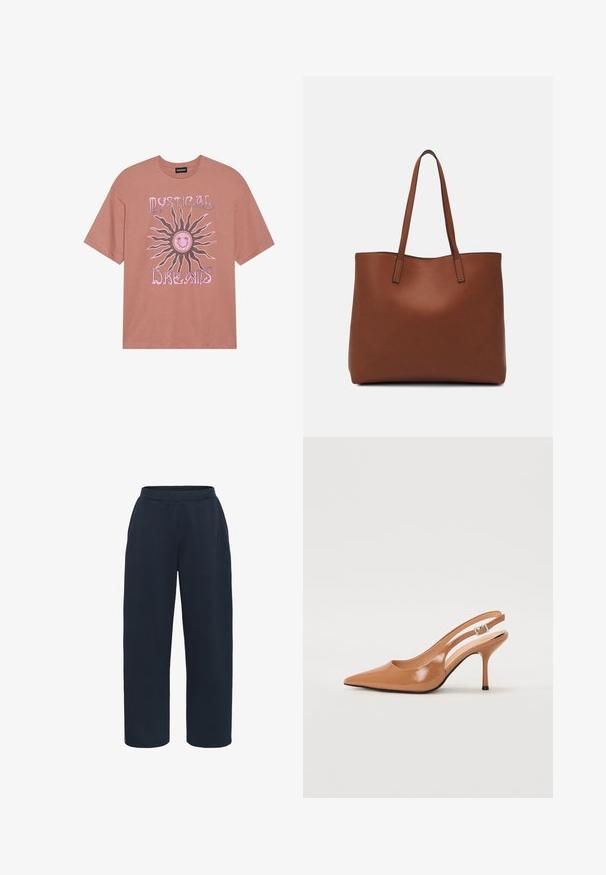 Roze T-shirt van katoen. Voorzien van een grote afbeelding van een zon met een glimlachend gezicht en de tekst "MYSTICAL DREAMS" in het roze.; Kaffe Trainingsbroek - midnight marine; Puntige slingback hak in een glad, glanzend beige materiaal. Bevat een gebogen uitsnijdontwerp en een slanke stiletto hak. Zilveren gesp detail.; Bruine leren tote bag met een gladde textuur, een ontwerp met een open bovenkant en twee schouderbanden. Kenmerkt zich door minimale stiksels en geen zichtbare hardware.