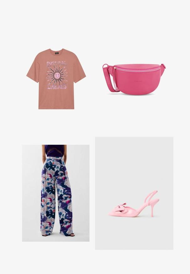Růžové tričko z bavlny. Vyznačuje se velkým grafickým motivem slunce s usmívající se tváří a textem "MYSTICKÉ SNY" v růžové barvě.; Kalhoty s širokým střihem, obohacené o barevný abstraktní tisk v odstínech fialové, modré, růžové a bílé, s vysokým pasem a sklady.; Růžové lakované slingback podpatky s špičatou špičkou, dekorační mašlí vpředu a štíhlým stiletto podpatkem. Hladká textura.; Růžová kožená crossbody taška s kulatým tvarem, se zlatým zipovým uzávěrem a nastavitelným popruhem. Na přední straně má embosované logo.
