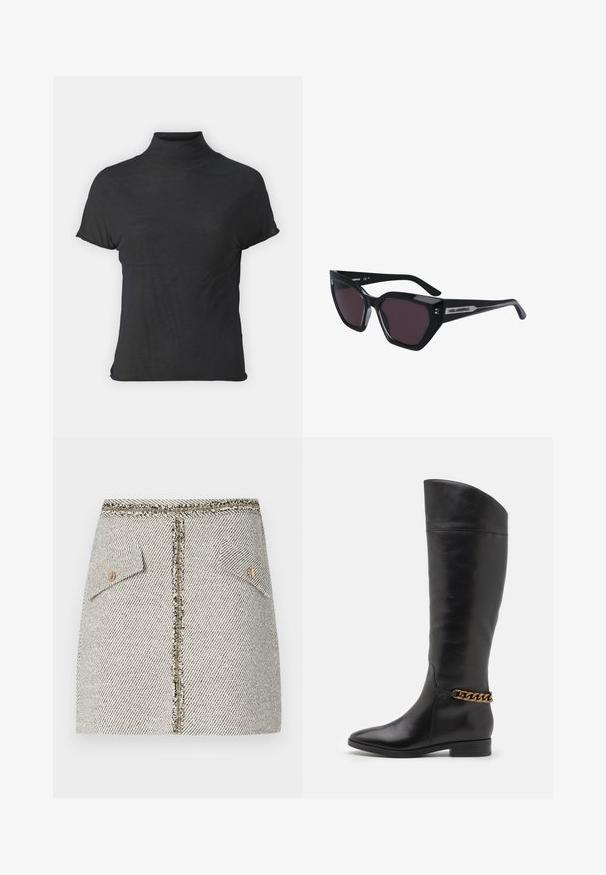 Zwarte korte mouwen coltrui gemaakt van lichtgewicht stof met een gladde textuur en een getailleerde pasvorm, met een hoge halslijn.; Geweven tweed rok in een zwart-wit visgraatpatroon, met twee voorzakken en een gouden rits aan de achterkant met rafelige randen.; Hoge zwarte leren laarzen met een slank ontwerp, spitse neus en een gouden kettingaccent bij de enkel. Lage blokhak. Glad textuur.; Zwarte zonnebril met een kattenoogontwerp, voorzien van donkere lenzen, een glanzende afwerking en subtiele logo-accenten op de pootjes.