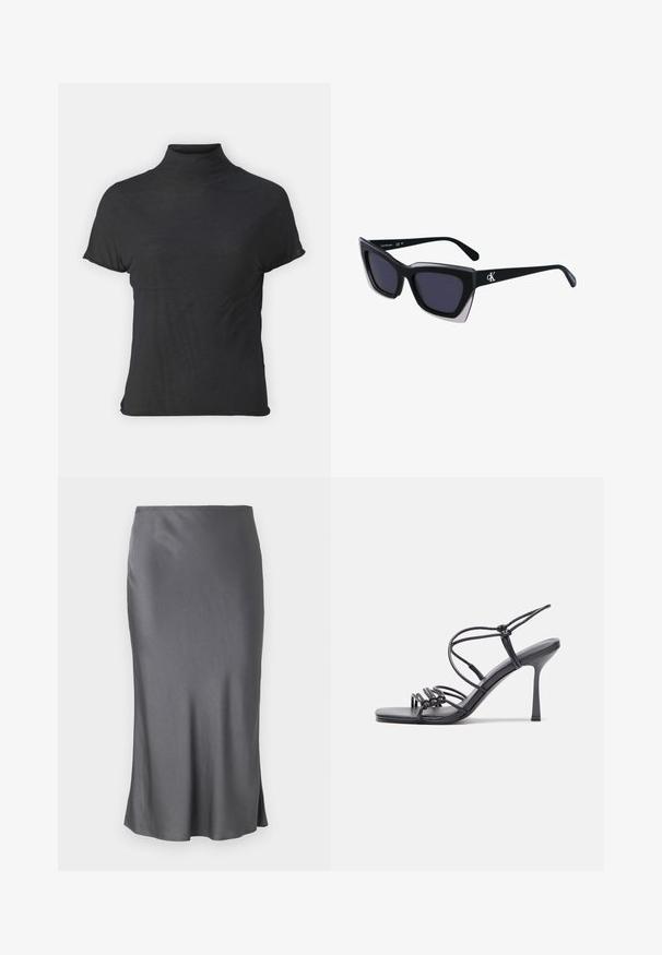 Haut noir à manches courtes avec col roulé, fabriqué en tissu léger à la texture lisse et à la coupe ajustée, présentant un col montant.; Jupe midi en satin gris avec une texture lisse, une silhouette droite, une légère fente sur le côté et une taille élastique.; Des sandales noires à talons hauts avec des fines lanières au design noué, un bout carré lisse et un talon aiguille élégant.; Lunettes de soleil noires surdimensionnées avec une forme géométrique, dotées de verres foncés et d'un détail gris contrastant sur la monture. Logo sur la branche.; Boucles d'oreilles créoles en argent avec une surface lisse et brillante, présentant une forme incurvée et une fermeture à tige. Design minimaliste avec une finition moderne.