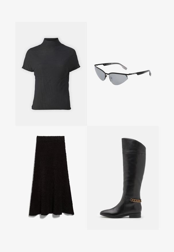 Black short-sleeve turtleneck top made of lightweight fabric with a smooth texture and a fitted shape, featuring a high neckline.; Black, fluffy fabric skirt with an A-line shape and raw hem. The texture appears soft and cozy, suitable for casual wear or layering.; Tall black leather boots with a sleek design, pointed toe, and a gold chain accent at the ankle. Low block heel. Smooth texture.; Black sunglasses with angular, cat-eye design. Silver mirrored lenses. Slim, lightweight plastic frames with subtle branding on the temples.