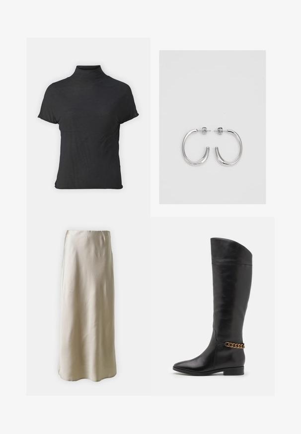 Black short-sleeve turtleneck top made of lightweight fabric with a smooth texture and a fitted shape, featuring a high neckline.; Silk maxi skirt in light beige, featuring a smooth texture, clean lines, and a simple silhouette with a slightly flared hem.; Tall black leather boots with a sleek design, pointed toe, and a gold chain accent at the ankle. Low block heel. Smooth texture.; Silver hoop earrings with a smooth, shiny surface, featuring a curved shape and post-back closure. Minimalist design with a modern finish.