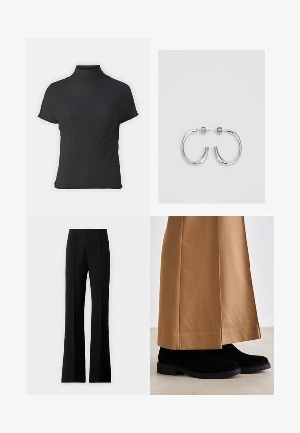 Black short-sleeve turtleneck top made of lightweight fabric with a smooth texture and a fitted shape, featuring a high neckline.; Flared black trousers made from smooth fabric, featuring front pleats, a high waist, and a tailored design for a sleek silhouette.; Black suede ankle boots with a sleek design and low, textured heel, paired with a tan, slightly tapered pant leg.; Silver hoop earrings with a smooth, shiny surface, featuring a curved shape and post-back closure. Minimalist design with a modern finish.