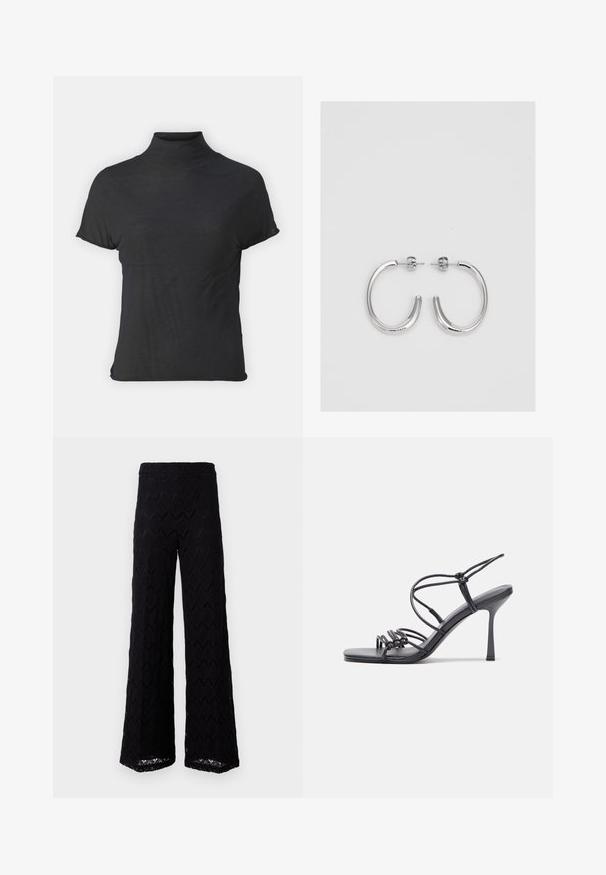 Musta lyhythihainen turtleneck-paita, joka on valmistettu kevyestä kankaasta, jossa on sileä rakenne ja tiukka muotoilu, ja siinä on korkea kaulus.; Mustat leveät housut, jotka on valmistettu pitsikankaasta, jossa on timanttikuvio; vyötärö on korkea ja lahkeet ovat löysät lantion alapuolelta.; Mustat korkokengät sandaalit, joissa on ohuet hihnat solmittuna, sileä neliön muotoinen varvasosa ja tyylikäs stiletto-korko.; Hopeiset korvarenkaat, joissa on sileä ja kiiltävä pinta, kaareva muoto ja piikkikiinnitys. Minimalistinen muotoilu modernilla viimeistelyllä.