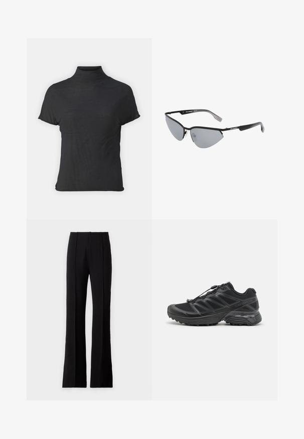 Melna īsa piedurkņu turtlenecka blūze, izgatavota no viegla auduma ar gludu tekstūru un pieguļošu formu, ar augstu kakla izgriezumu.; Melni bikses ar izpletu apakšdaļu, izgatavotas no gludas auduma, ar priekšējiem krokām, augstu jostasviju un pielāgotu dizainu, kas veido elegantu siluetu.; Melna skrienošā apava ar sietveida un sintētisku augšdaļu, elastīgu zoli un elastīgām šņorēm. Iekļauta mīkstināta starpzole komfortam.; Melni saulesbrilles ar leņķisku, kaķa acs dizainu. Sudrabaini spoguļojoši objektīvi. Plāni, viegli plastmasas rāmji ar diskrētu zīmola marķējumu uz tempļiem.