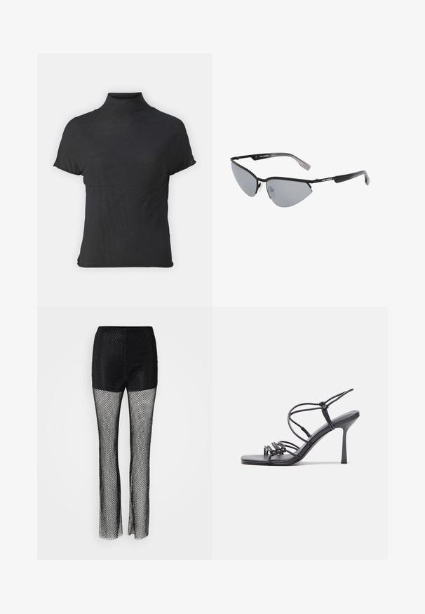 Top negro de manga corta y cuello alto, hecho de una tela ligera con una textura suave y una forma ajustada, que presenta un escote alto.; Pantalones de red negros con una sección superior sólida, que cuentan con un diseño de pierna ancha y un tejido de malla texturizado en todo su recorrido.; Las sandalias negras de tacón alto presentan finas correas con un diseño anudado, una punta cuadrada suave y un elegante tacón de aguja.; Gafas de sol negras con diseño angular de ojo de gato. Lentes plateados espejados. Montura de plástico delgada y ligera con un sutil logotipo en las patillas.; Pendientes de metal plateado con una forma suave de lágrima y un acabado pulido. Grabados sutiles añaden detalle. Diseño minimalista.