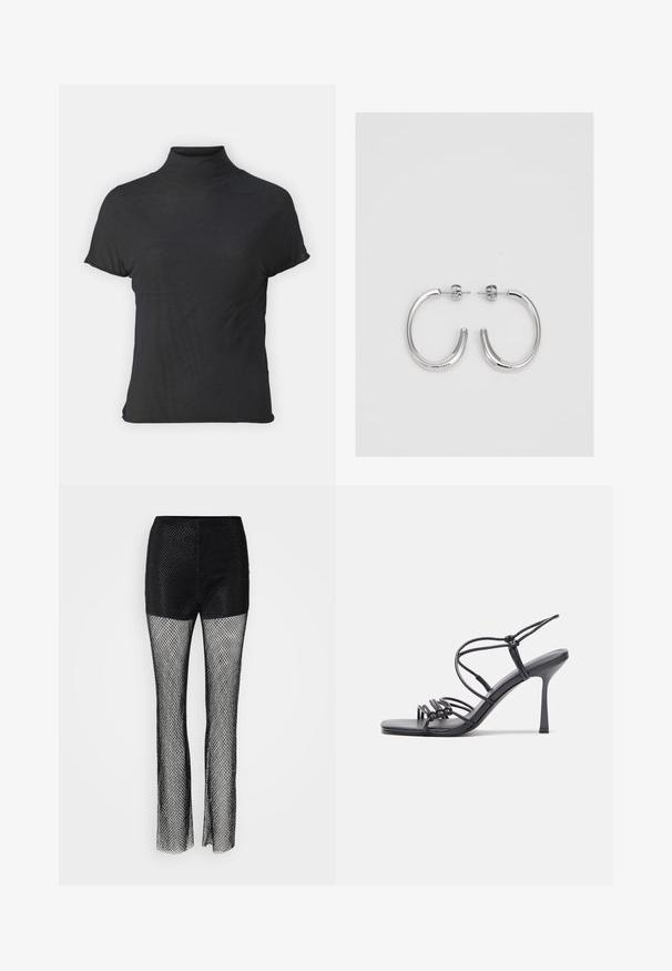 Top negro de manga corta y cuello alto, hecho de una tela ligera con una textura suave y una forma ajustada, que presenta un escote alto.; Pantalones de red negros con una sección superior sólida, que cuentan con un diseño de pierna ancha y un tejido de malla texturizado en todo su recorrido.; Las sandalias negras de tacón alto presentan finas correas con un diseño anudado, una punta cuadrada suave y un elegante tacón de aguja.; Aros de plata en forma de aro con un acabado liso y brillante. Diseño redondeado y ligero, con cierre de tipo post-back.